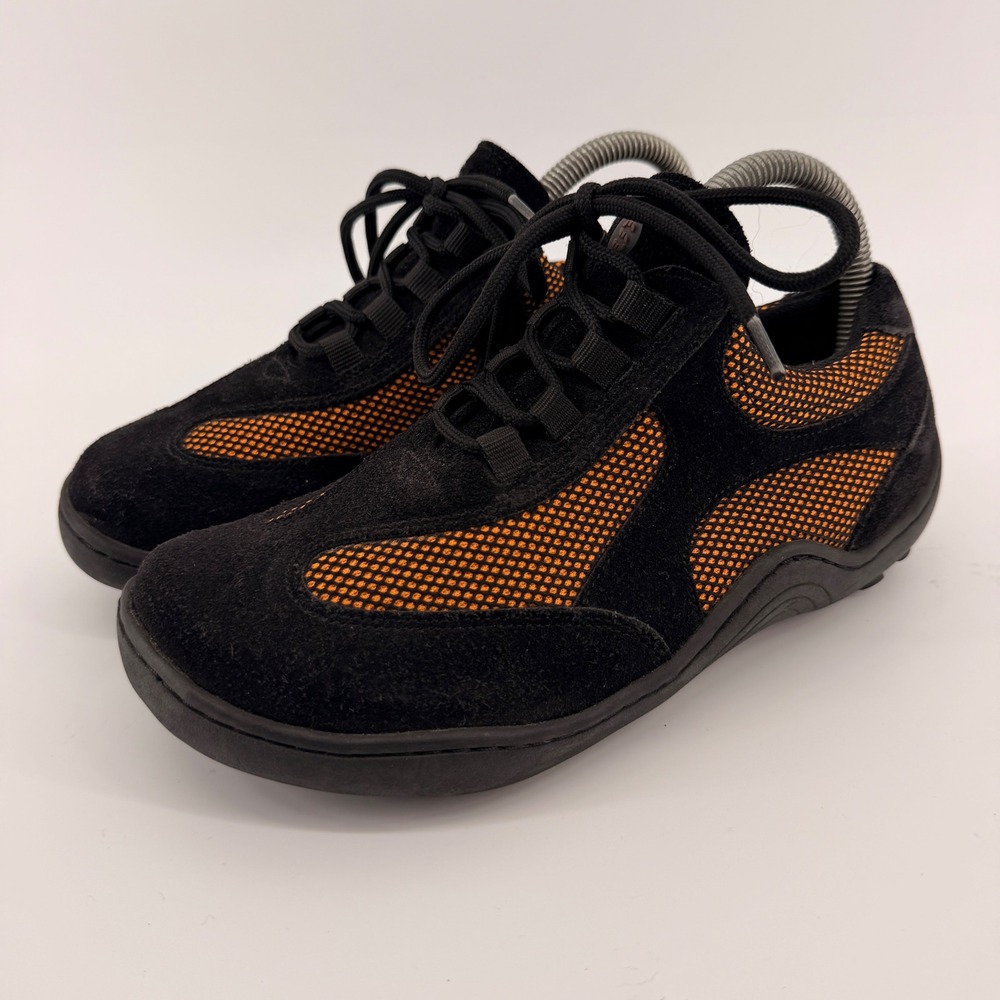 Footprints Birkenstock Sneakers 38 7W Black Orange Suede Mesh Lace Up Shoes